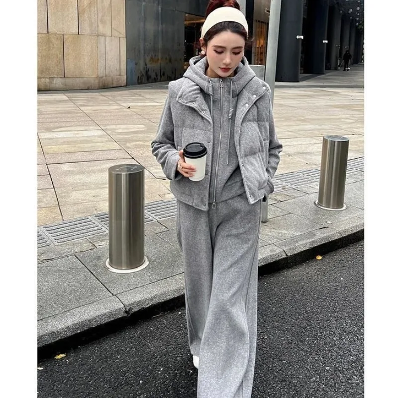 

Женская осенне-зимняя новая короткая толстовка с толстым жилетом без рукавов, комплект из трех предметов для женщин, модный элитный спортивный стиль