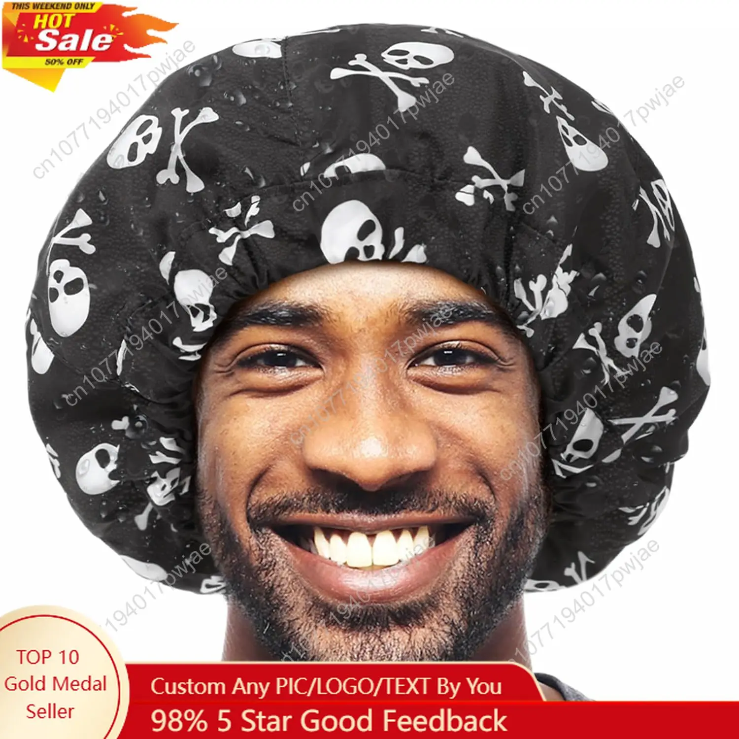 

Shower Cap for Men Skulls Bath Cap Reversible Large Waterproof Adjustable Shower Caps Terry Lining Elastic Band Stretch Hem H