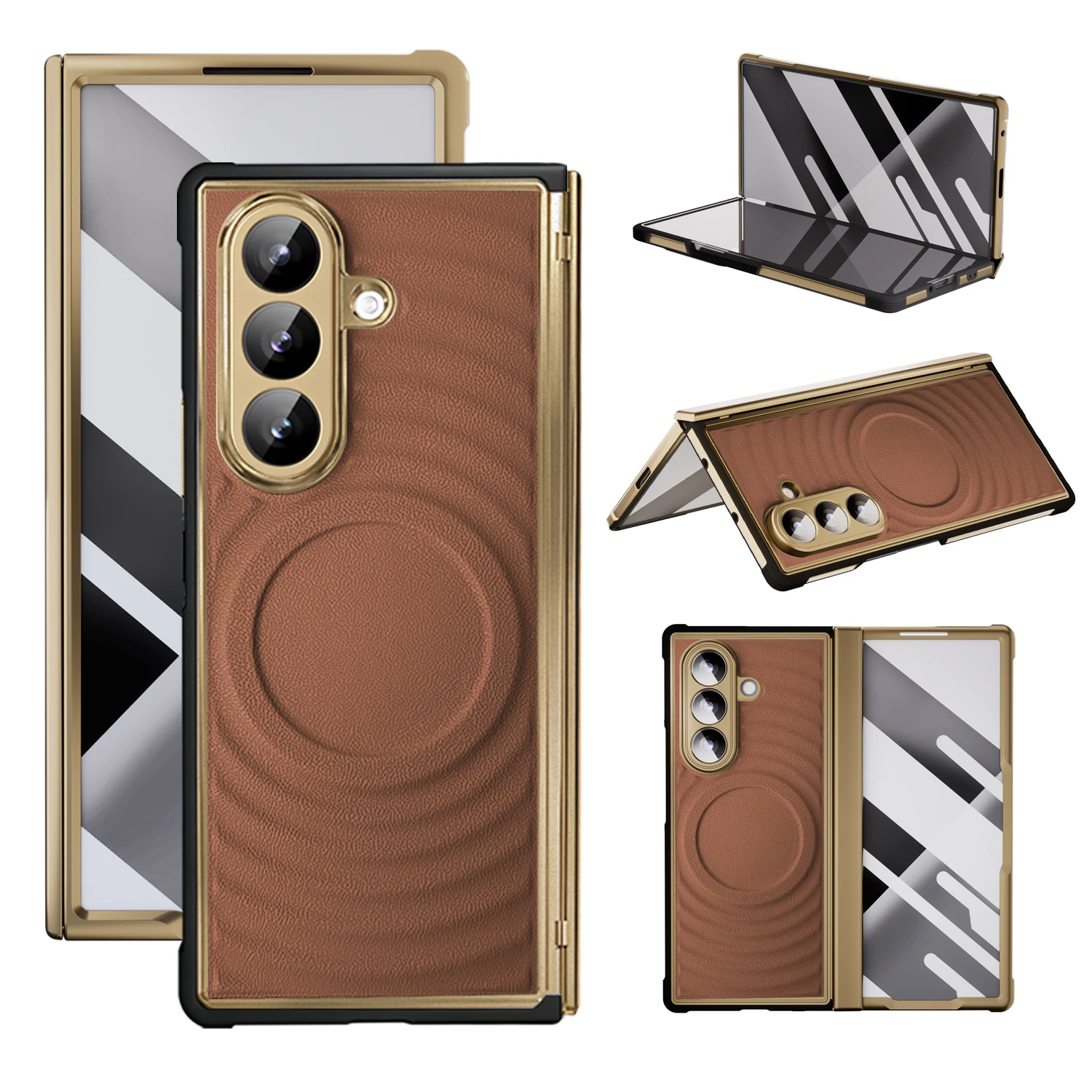 Electroplate Hinge Leather Case For Samsung Galaxy Z Fold 7 6 5 4 3 TriFold Magnetic Shockproof Phone Cover With Glass Film
