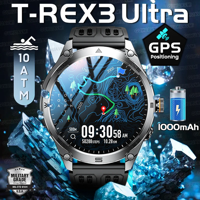 Nuevo reloj inteligente T-Rex3 Ultra con batería de 1000mAh, brújula GPS integrada, rastreador deportivo resistente al agua de 10ATM, relojes inteligentes militares para exteriores