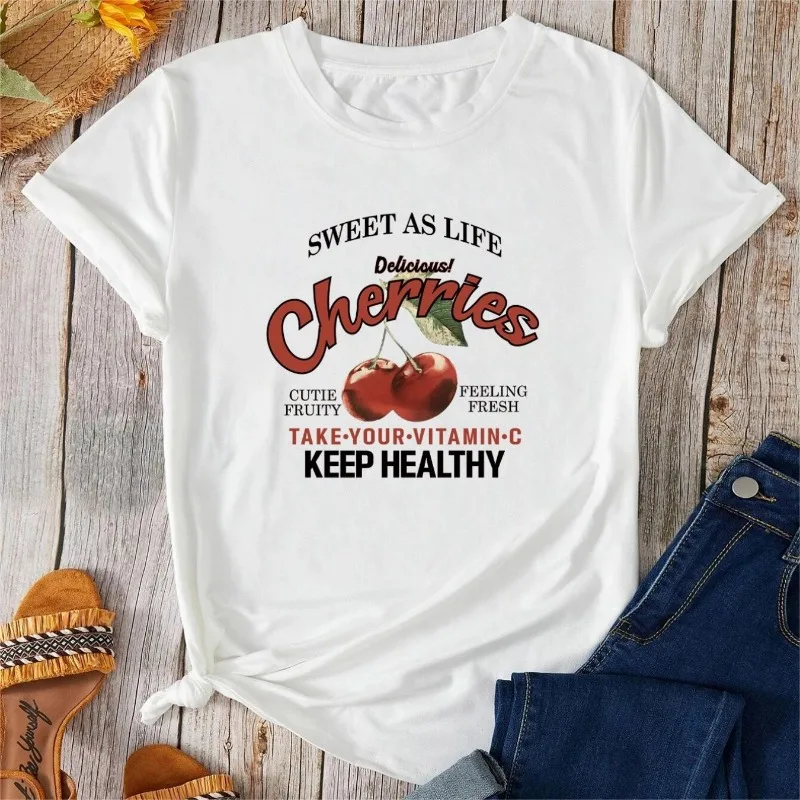 Cherry&Letter Printed Round Neck T-shirt Casual Fruit Pattern Short Sleeved T-shirt Summer Cotton Breathable Women's Clothing