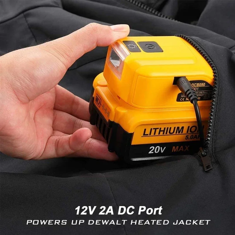 DCB090 Power Source Converter for Dewalt, substituição original, 18V, 20V adaptador de bateria com Dual USB, DC 12V, LED Work Light