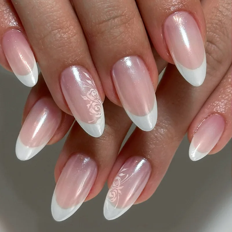 

24pcs Pink Almond Fake Nails White French Full Cover Nail Tips Simple Flower Design False Nail Art Wearable Press on Nails Sets