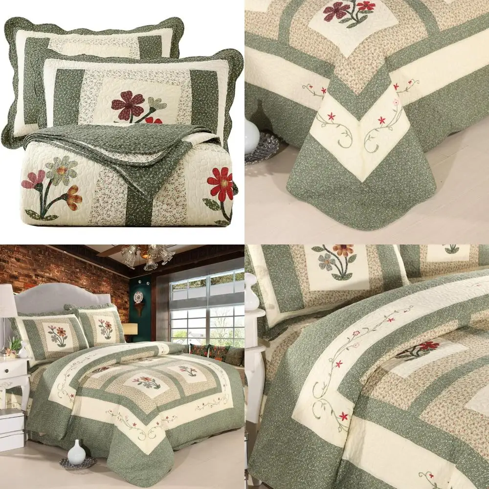 

Cotton Embroidered Floral Quilted Bedspread Set, 3-Piece Reversible Patchwork Coverlet, Farmhouse Green