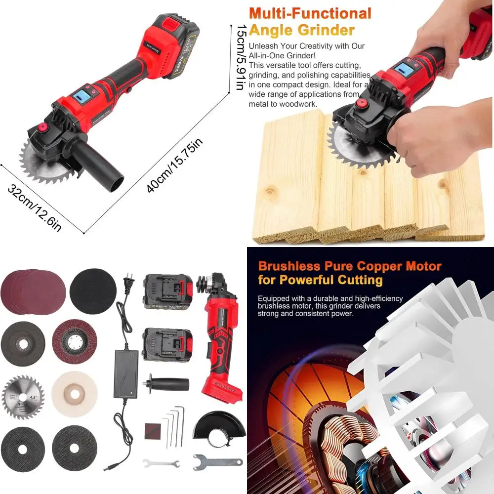 

21V Brushless Angle Grinder 12000 RPM, 2 Batteries, Digital Display, Metal Polishing, Wood Cutting Tool with US Plug