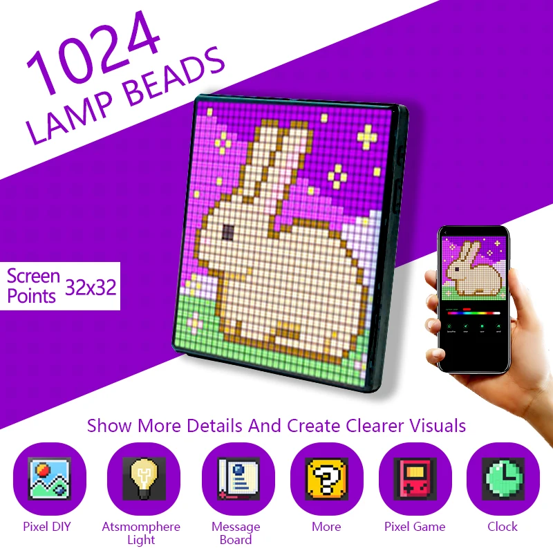 

Pixel LED Display 32x32, Smart DIY, Text Patterns, Animation, RGB App Control, Night Lights