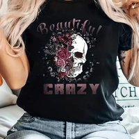 Skull Letter Print T-shirt Casual Crew Neck Short Sleeve T-shirt Women's Clothing Casual Loose Fashion Summer T-Shirts Tops