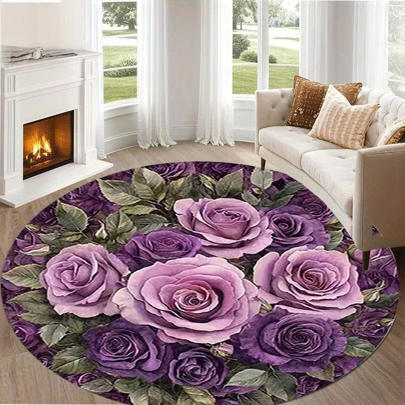 Red Peony Butterfly Floral Printed Round Floor Rug, Vintage Flower‑style Decor Mat for Living‑room, Balcony and Household Indoor