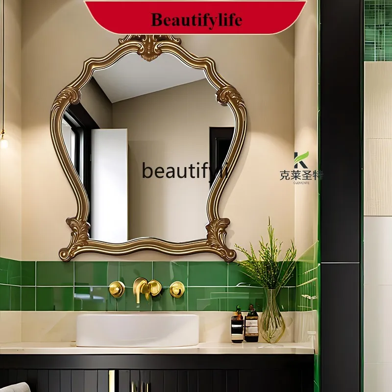 

F66 French retro carved bathroom mirror American special-shaped vanity vanity vanity mirror, fireplace decorative mirror