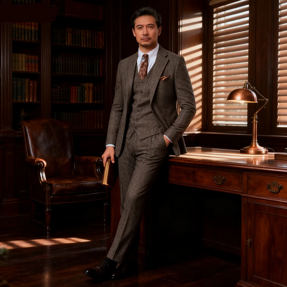 

Элегантный мужской твидовый костюм из трех предметов на зиму, свадьбу, формальный банкетный костюм без спинки, элегантный мужской костюм с рыбой для банкета