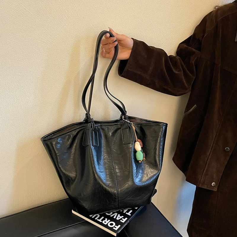 Overs ize Shopper Bag einfach lässig große Kapazität Tote Frauen Handtaschen Designer Tasche Luxus weiche Leder Umhängetasche schwarz Bolsos – Detail 22