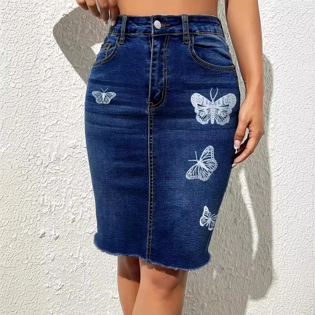 

European and American Fashion Butterfly Print Denim Mid-length Half Body Skirt.Trend Raw Edge Higt Waist Hip Wrap Denim Dress