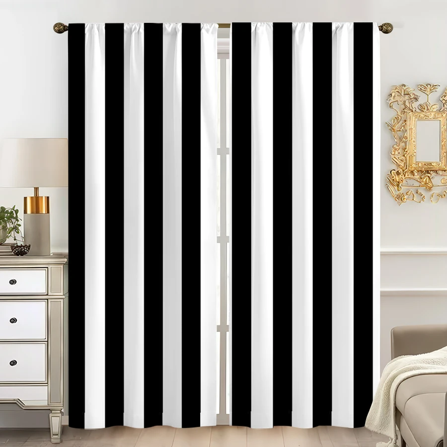 2 Stück mehrfarbige schwarz-weiße Vorhänge mit vertikalem Streifenmuster, Stangentaschen-Design für Schlafzimmer und Wohnzimmer