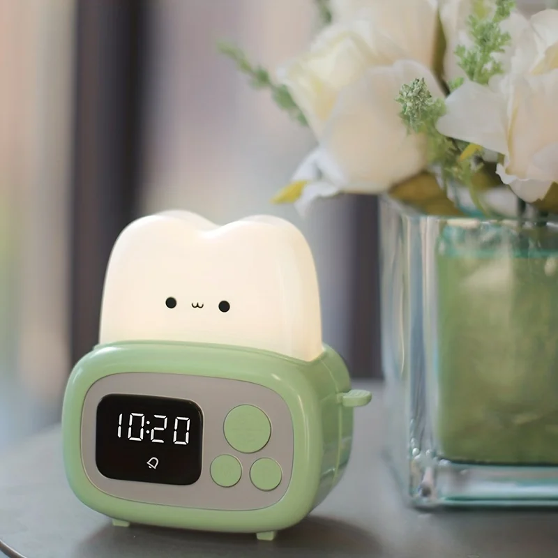 

Bedside Alarm Clock Night Light Adjustable Soft Light USB Rechargeable Small Toaster Table Lamp for Kid's Bedroom Desktop Decor