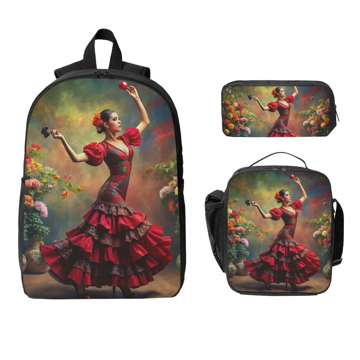 Vibrant Flamenco Dancer Backpack Boys Girls BookBag School Bag Laptop Shoulder Bags 3ps Insulated Lunch Bag Pencil Case