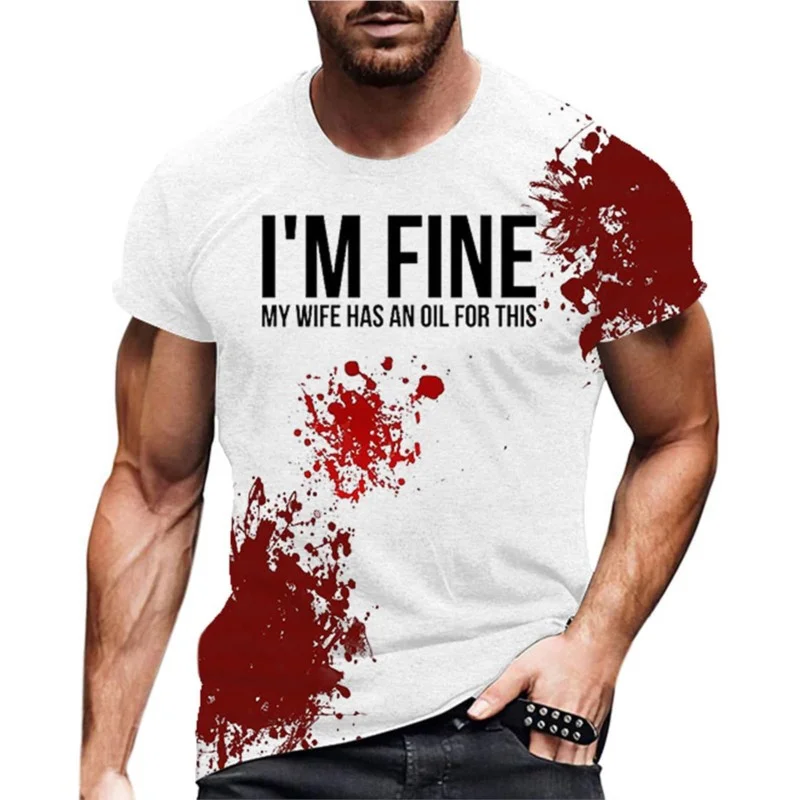 Terror Halloween Men's Blood I'm Fine Printed T Shirt Street Hip-hop Round Neck Short Sleeve Casual Funny Tee Shirts Tops