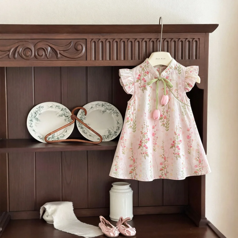 Baby Girls' Dress Summer Floral Bow Chinese Style Girls' Dress Sweet Beach Baby Dress Baby Girl Clothing