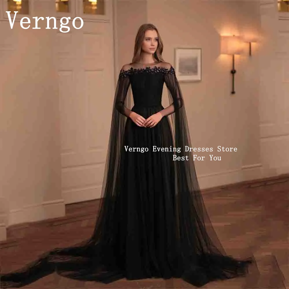 Verngo Black Tulle Prom Gowns Empress A Line Party Dress For Womne Crystal Elegant  Romantic Wedding Party Dress