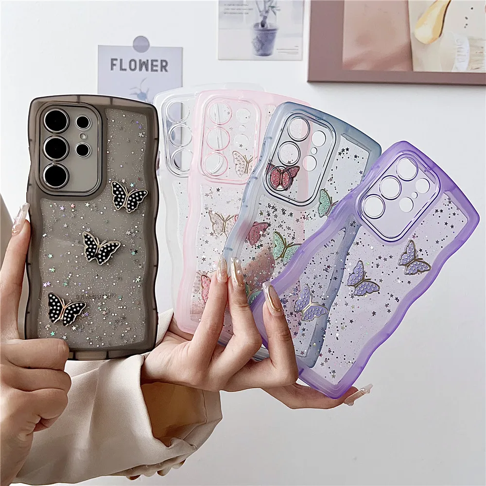 جراب هاتف شفاف على شكل فراشة ، لمعان ، حافة موجة ، غطاء ناعم ، ss24 ، S23 ، S22 ، S21 ، S20 Plus ، S23 Ultra ، S20FE ، S21FE ، S23FE ، Note 20