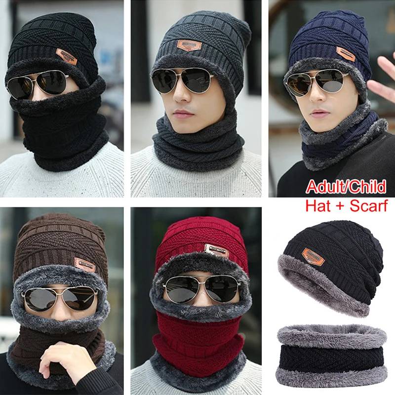 1 pcs Men Women Warm Beanie Hat + Soft Scarf Set Winter Thicken Hat Cap Neck Warmer