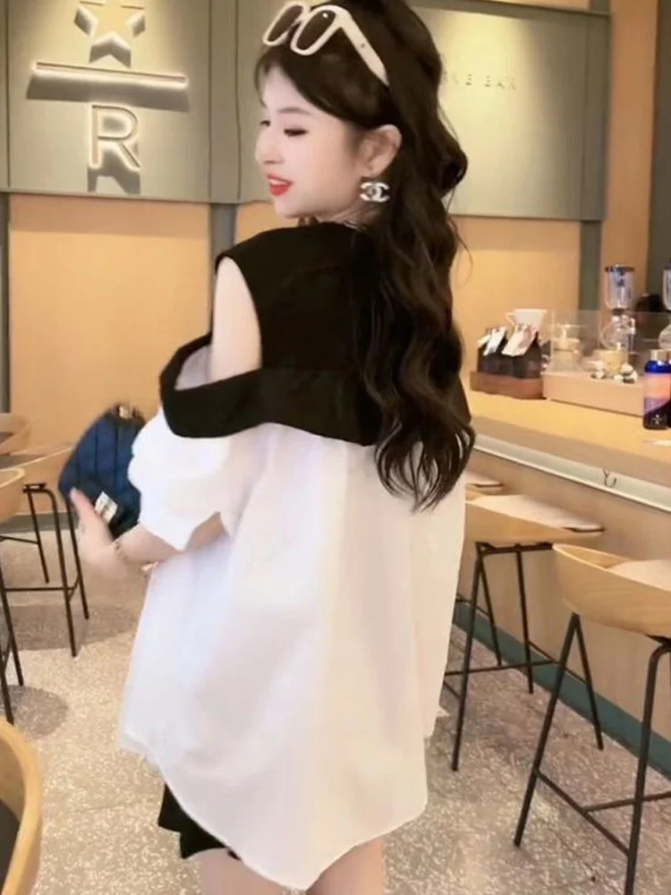 Ladies Fashion Single Row Multi-Buckle Shirts Female 2024 Summer Bow Stitching Design Off-the-Shoulder Half Sleeve Shirt