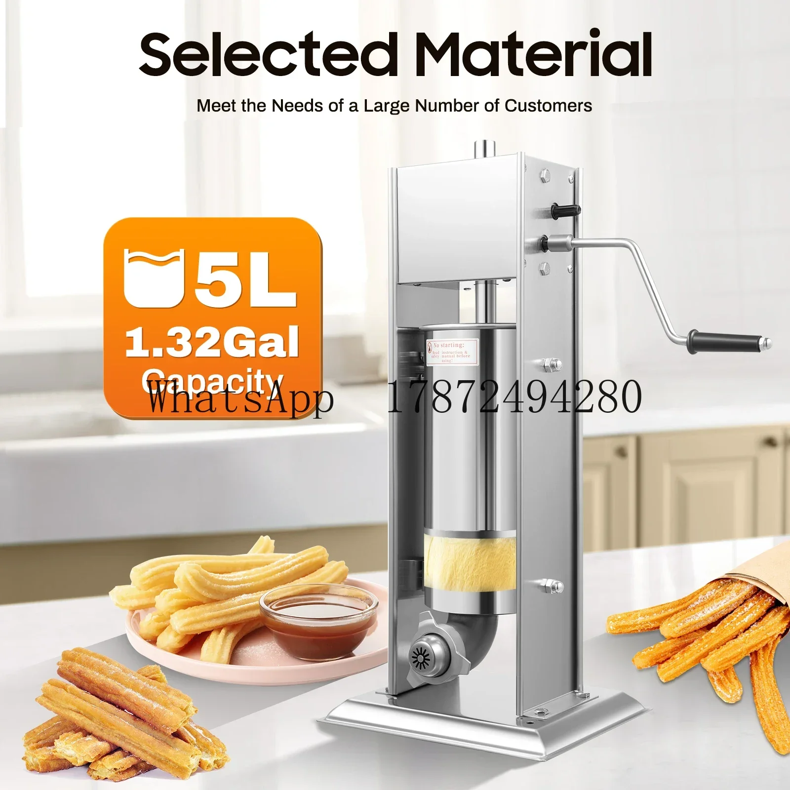 Máquina para hacer Churros Manual comercial, máquina para hacer Churros Manual de Donuts de 5L, 11,81*25,59 pulgadas, plata con 6 * boquillas