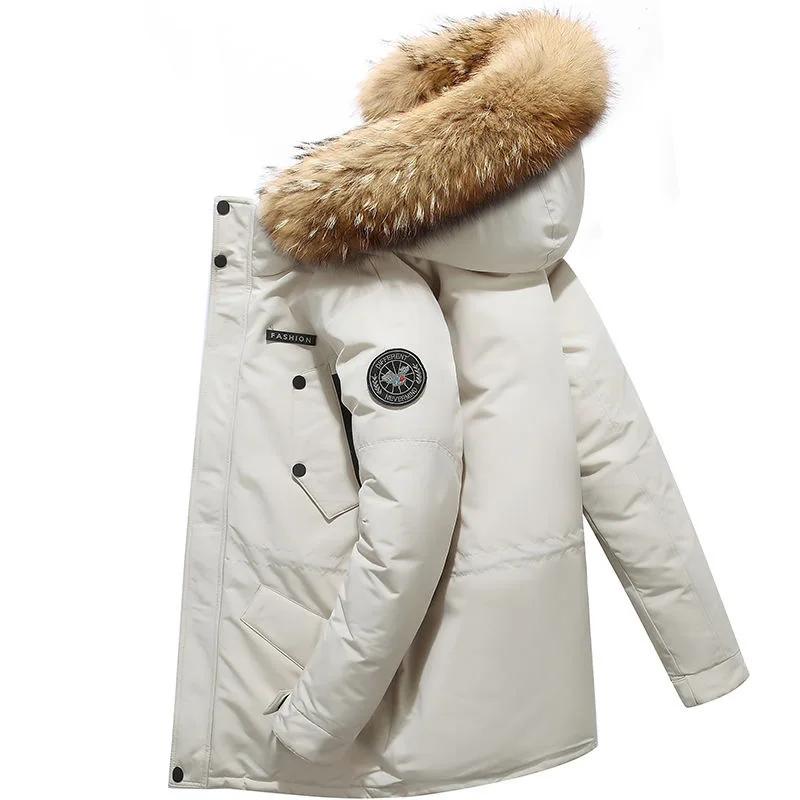 New Men\'s Thickened White Duck Down Coat Mid-length Winter Outerwear with Detachable Fur Collar for Fashionable Look