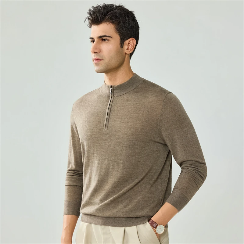 CHICUU Machine Washable Men's 100% Worsted Wool Sweater Mock Neck Zipper Long Sleeve Pullover Wool Knitwear Autumn Winter