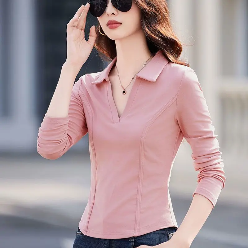 Women's Autumn New Lapel Collar Slim Fit Inner Top Fashion Casual Blouse Stylish Basic Shirt For Layering Daily Outfits