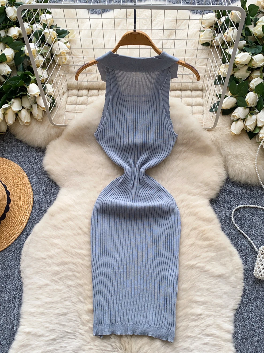Retro Hollow out  Ne Svel Hanging Ne Dr Women Slimming Pure Desire Bodycon Knitted Dr mid Length a Line