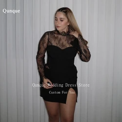 Qunque Mini Prom Dress Luxury Girls High Neck Long Sleeves Lace Party Dresses Sexy Slit Mermaid Short Birthday Outfit Customized
