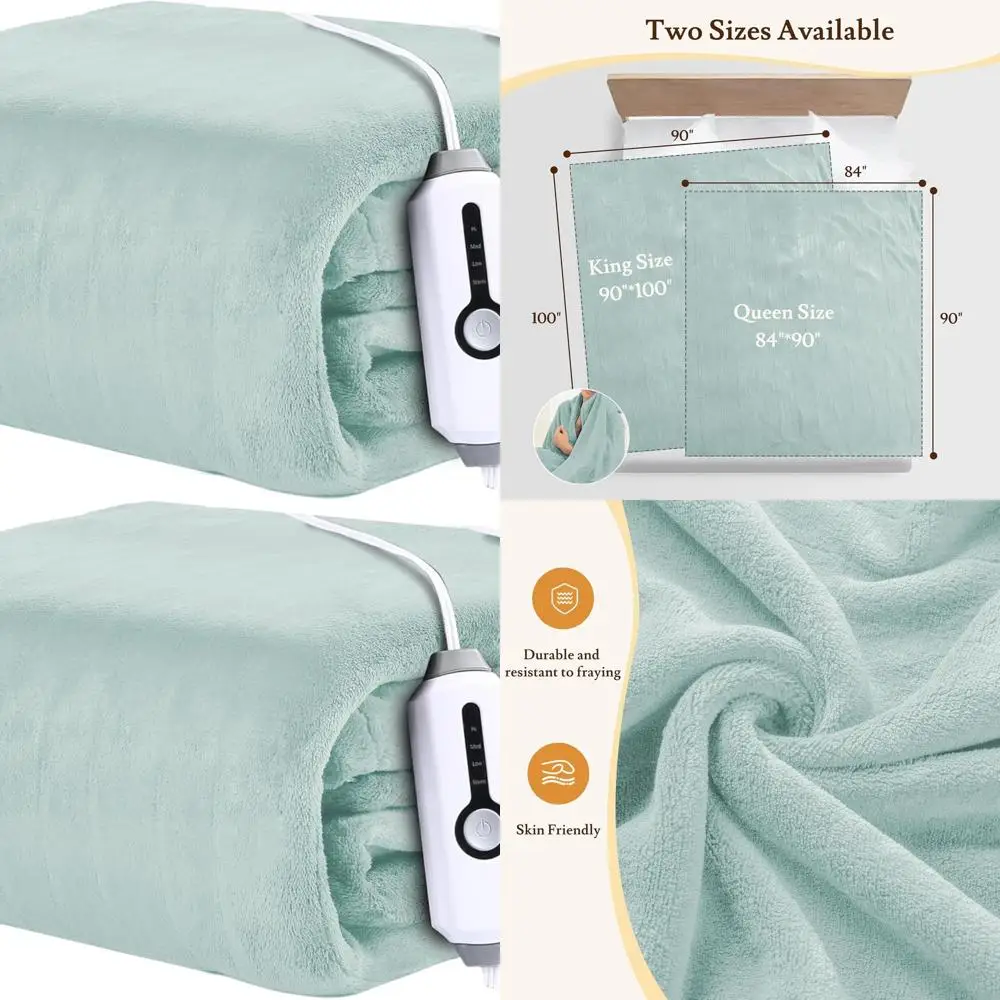 

Queen Size Electric Blanket 84x90 - 4 Heat Levels, Dual Controls, Auto Shut-Off, Soft Coral Fleece, Overheat Protection, Mint Gr