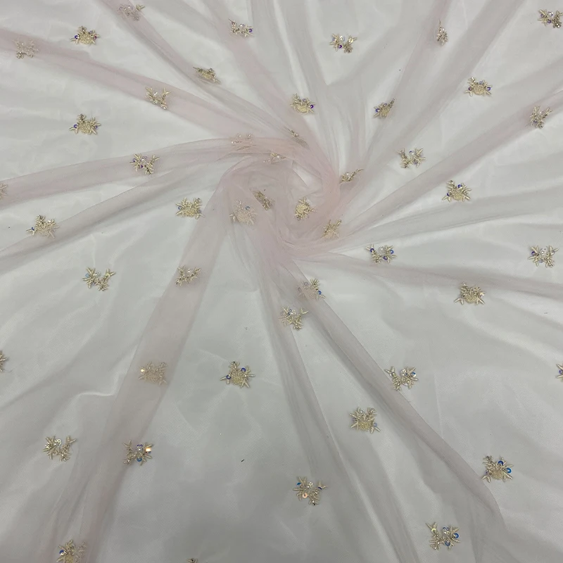 

French net gauze fabric, exquisite Maoshan embroidery, antler-shaped sequin and sequin embroidery fabric, dress sewing fabric