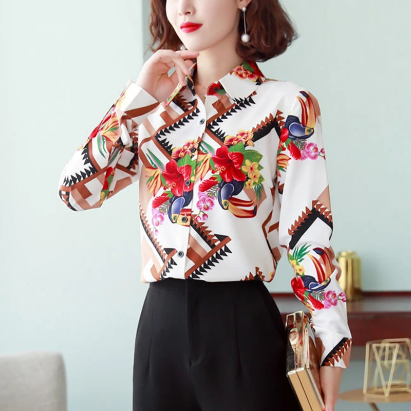 Spring Autumn Women\'s Casual Fashion Floral Printed Shirt Lady Long Sleeve All-match Buttons Top Female Polo-neck Chiffon Blouse