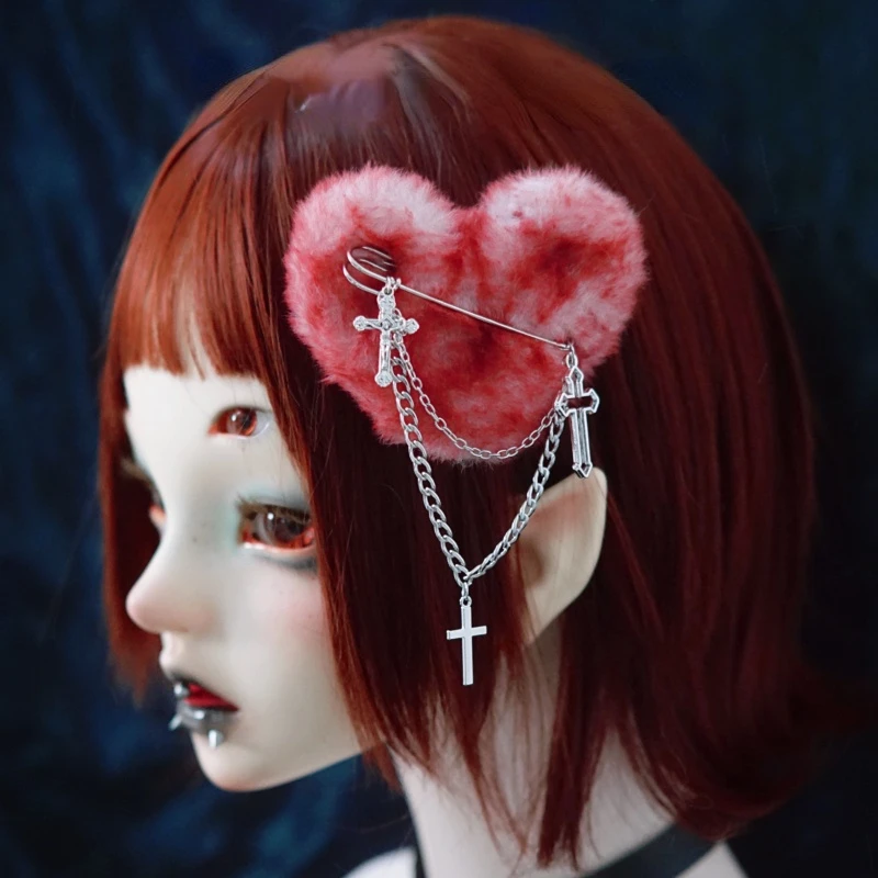 Original Gothic Lolita Plush Headwear Girls Y2k Red Faux Fur Heart Hairpin Metal Chain Cross Headdress Punk Party Accessories