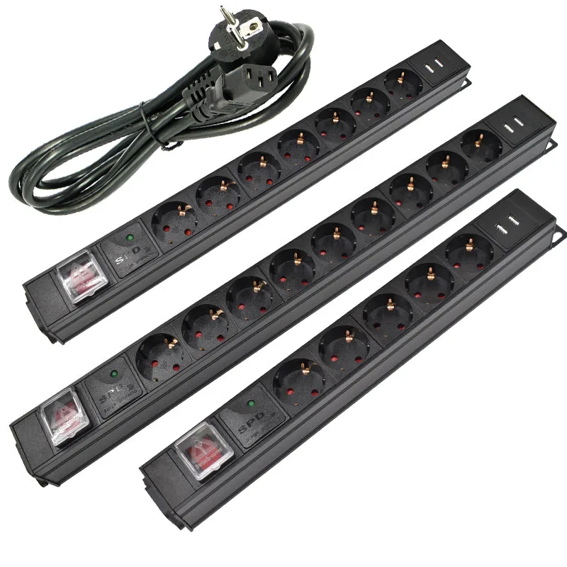 

Aluminum alloy 2/3/4/5/6/7/8/9 Ways PDU Power Strip EU Power Strip Socket with IEC-C14 Port with 2 USB Lightning protection