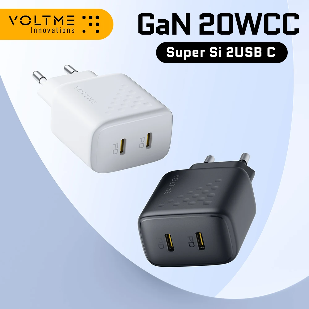 

VOLTME Revo 20 Вт Настенное зарядное устройство с двумя портами USB-C Зарядное устройство для быстрой зарядки Компактный портативный настенный адаптер для iPhone 17/16/15/14 Samsung