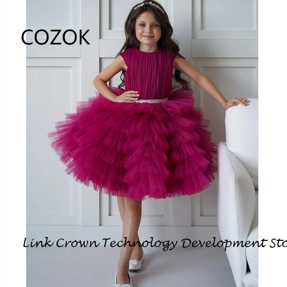 

COZOK A Line Flower Girls Dresses with Soft Tulle Champagne Belt Sleeveless Christmas Dresses 2024 Summer New فستان عيد الميلاد