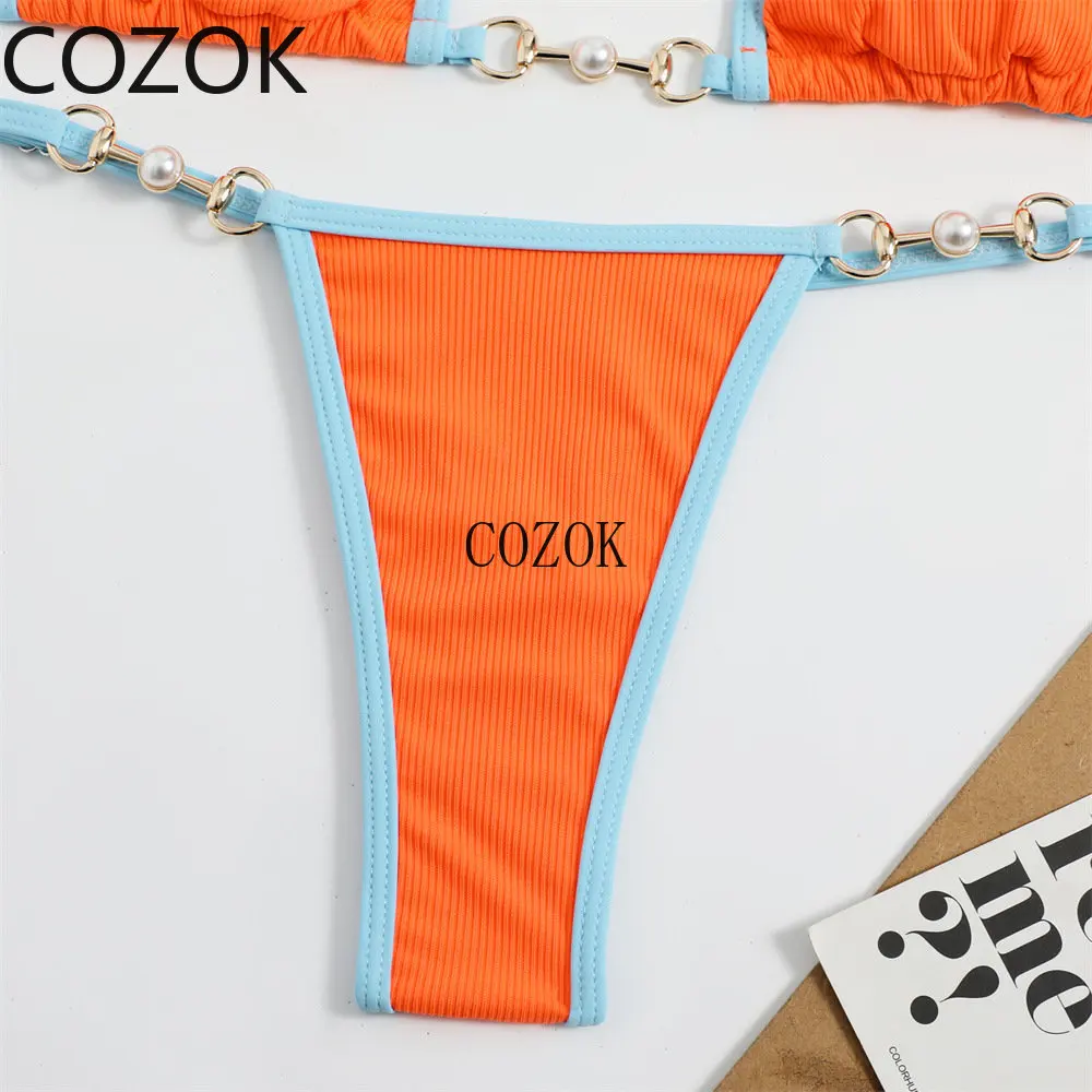 Metal Chain Bikini Set Women 2023 Swimwear Push Up Halter Tie-up Bra+Triangle Thong Two-Piece Bathing Suit Brazilian Biquinis