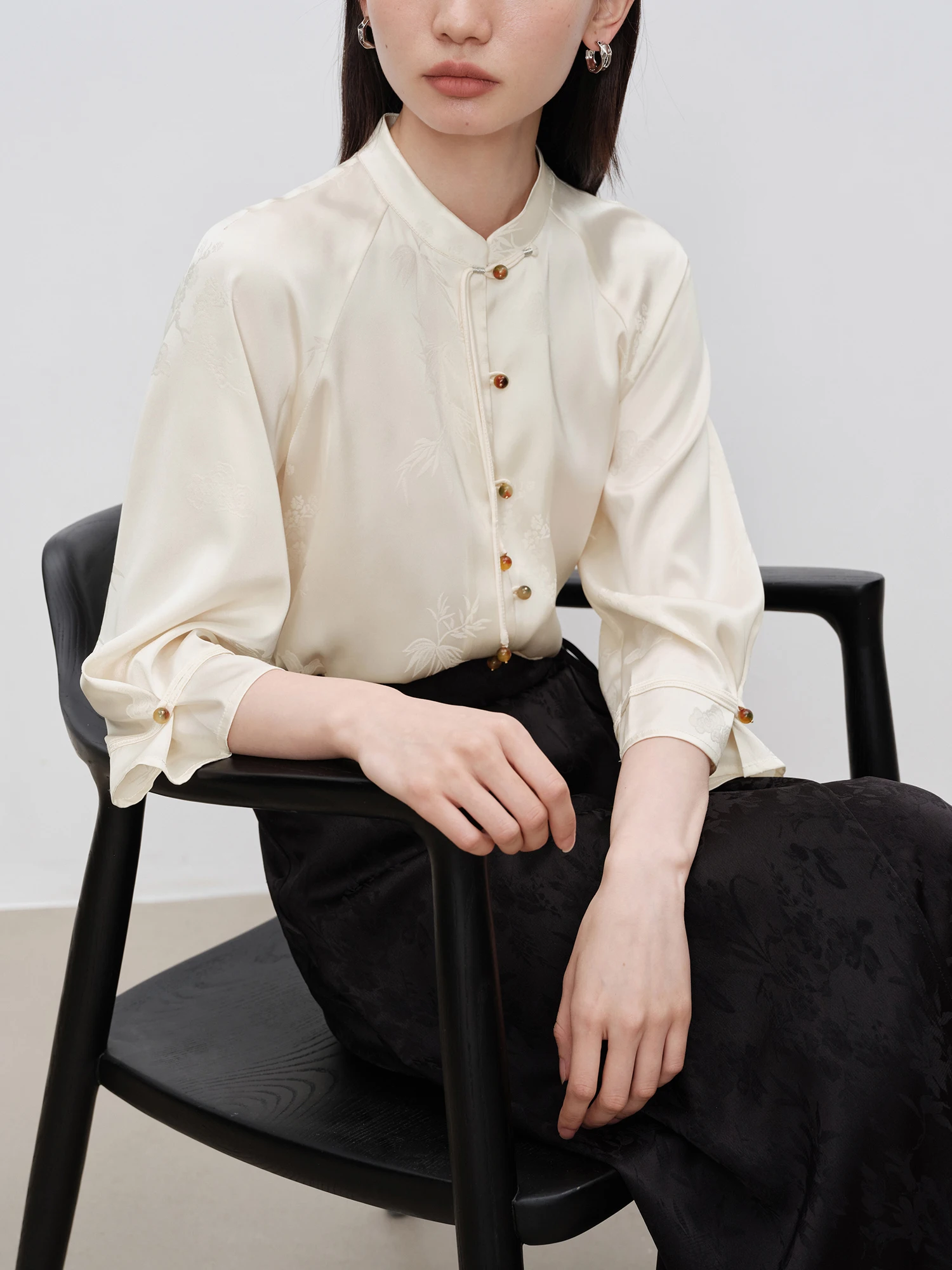 ZIQIAO Chinese Style Women Beige Temperament Blouse Stand Collar Three-quarter Sleeves Female Shirts Single Button Top 24ZQ93125