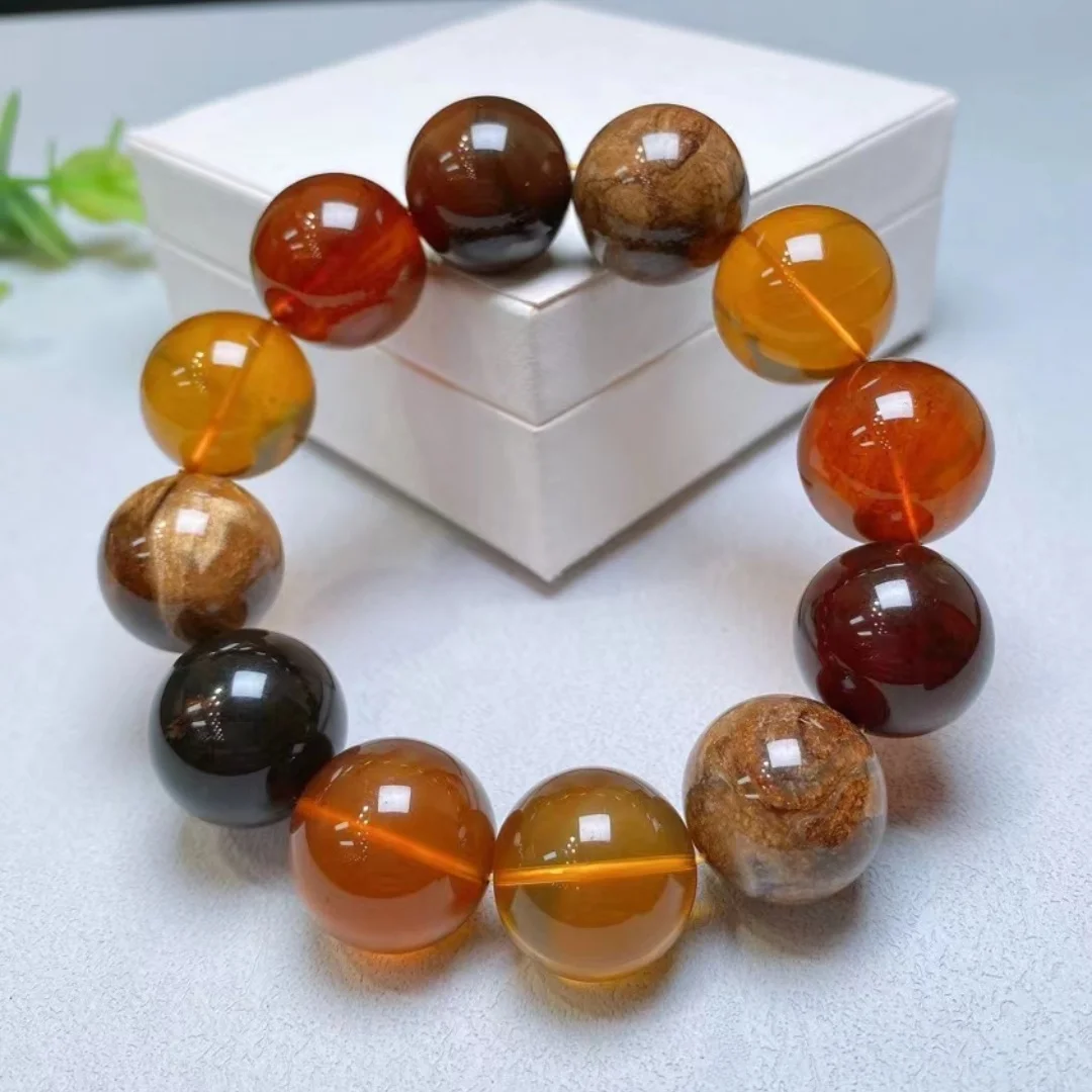 Natural Yellow Amber Red Amber Clear Round Beads Bracelet Women Men 20.2mm Stretch Big Round Black Amber Bracelet Jewelry AAAAA