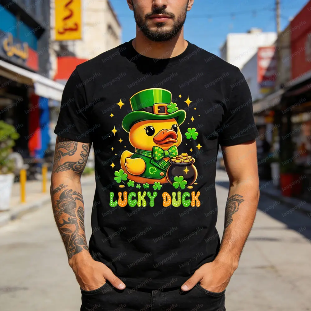 St Patricks Day Rubber Duck Irish Graphic Tee Cotton Short Sleeve Fortunate A Duck Tops Men Women Casual Holiday Print T Shirt