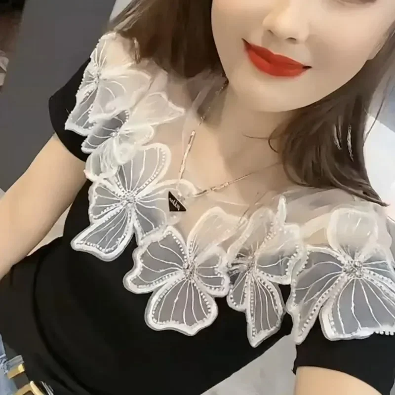 

2024 Ropa Mujer футболки для женщин шикарные кружевные 3D цветочные футболки с короткими рукавами модные милые футболки корейская летняя туника сексуальная футболка