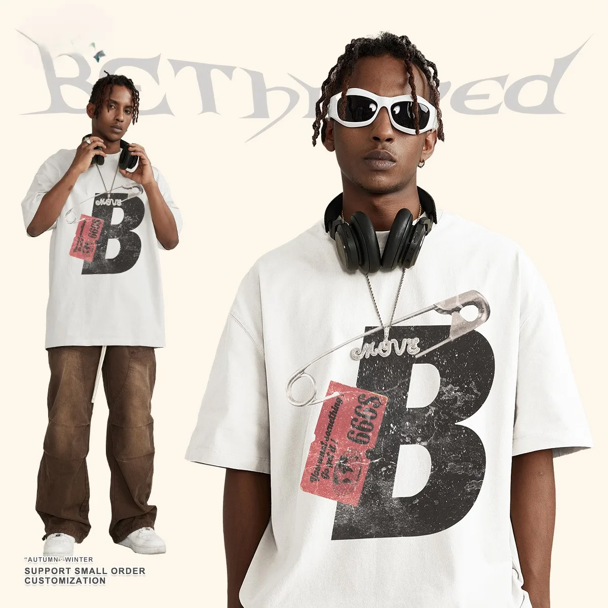 graphic t shirts street retro distressed letter print drop-shoulder T-shirt made of thick cotton