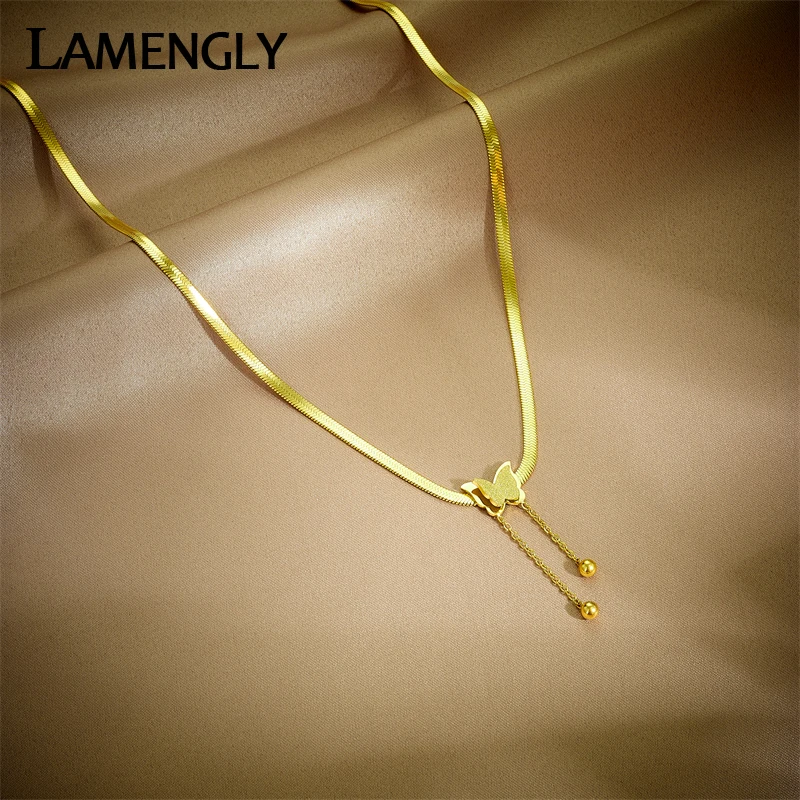 LAMENGLY 316L Stainless Steel Gold Color Butterfly Tassel Pendant Necklace For Women New Girls Flat Snake Chain Jewelry Gifts