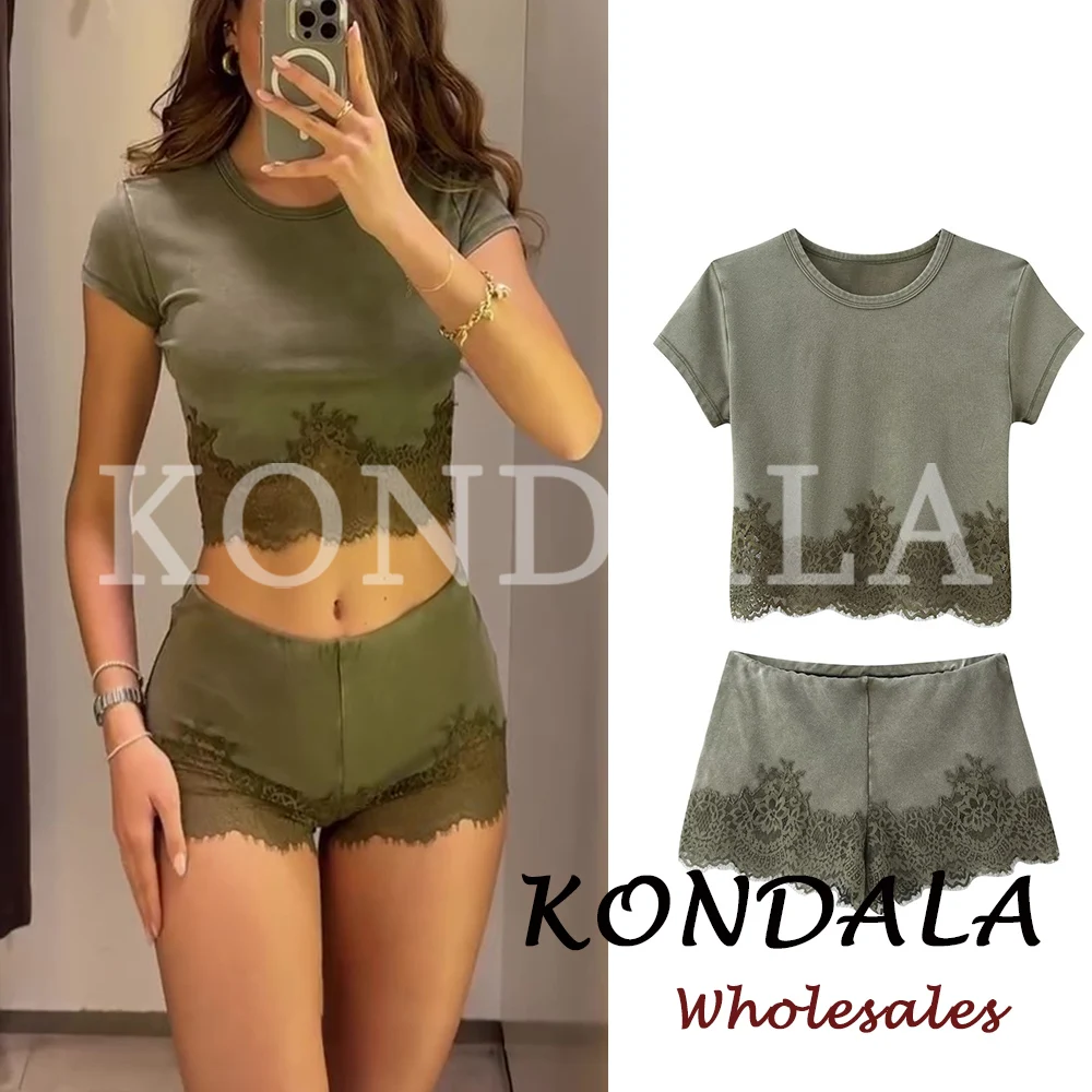 

KONDALA Chic Modern Green Lace Sexy Woman Suits Sheath O-Neck Short T-Shirt+Zipper Mini Shorts Fashion 2026 Summer Female Set