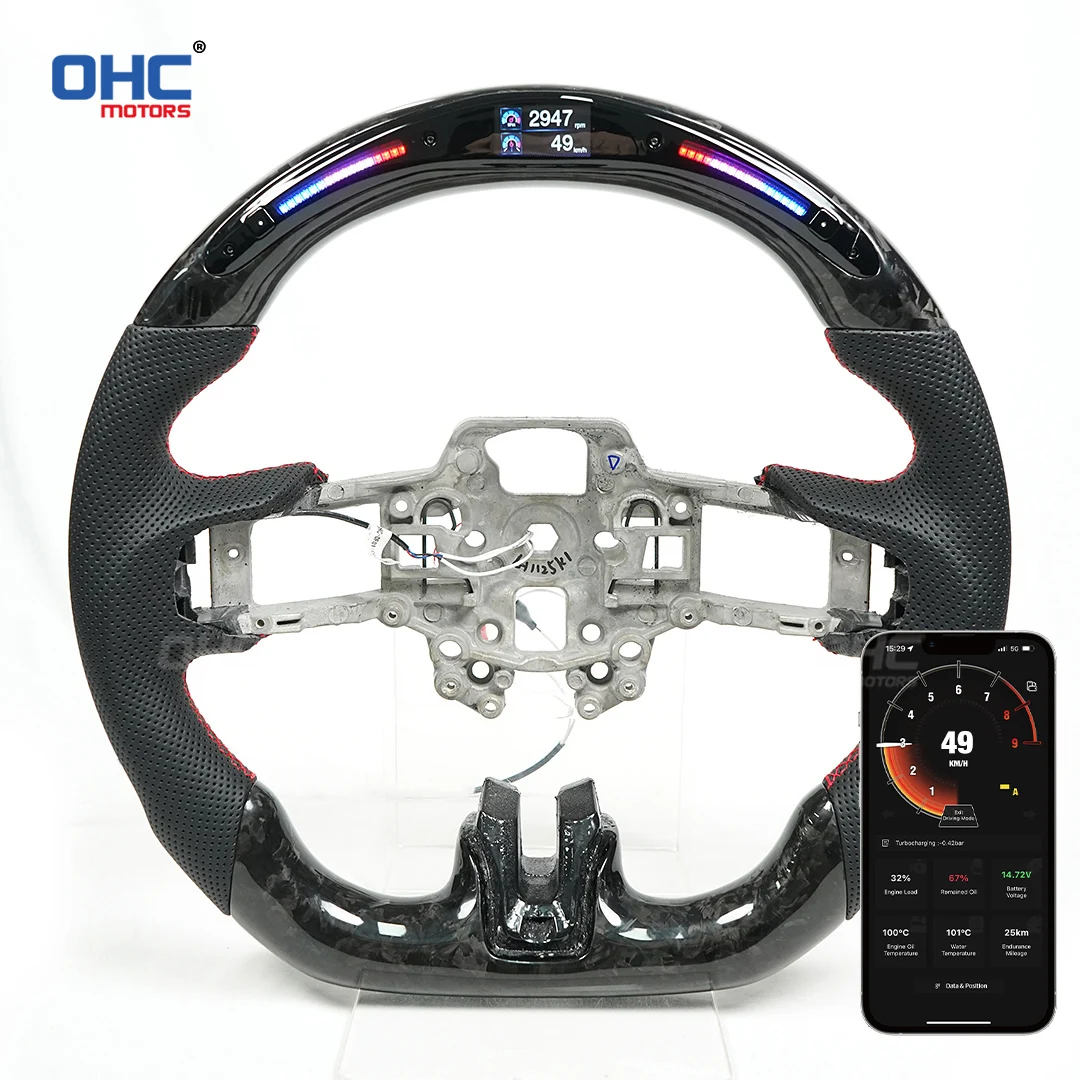 OHC Motors Custom 100% Forged Carbon Fiber RPM Data Light Up LED Racing Steering Wheel Compatible for Ford Mustang 2015-2023