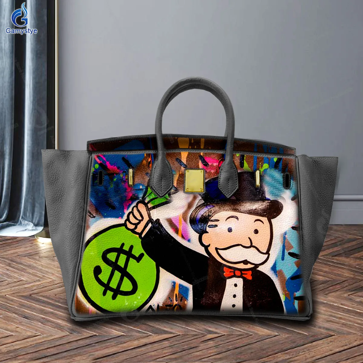 Personalizar bolso Art Hand Painted Grandpa holding gold coins Bag Designer Totes Women purses and handbags Genuine Togo Leather