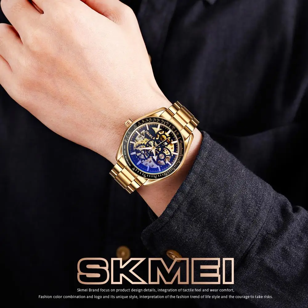 SKMEI-reloj automático de lujo para hombre, cronógrafo mecánico de acero inoxidable, resistente al agua, de negocios