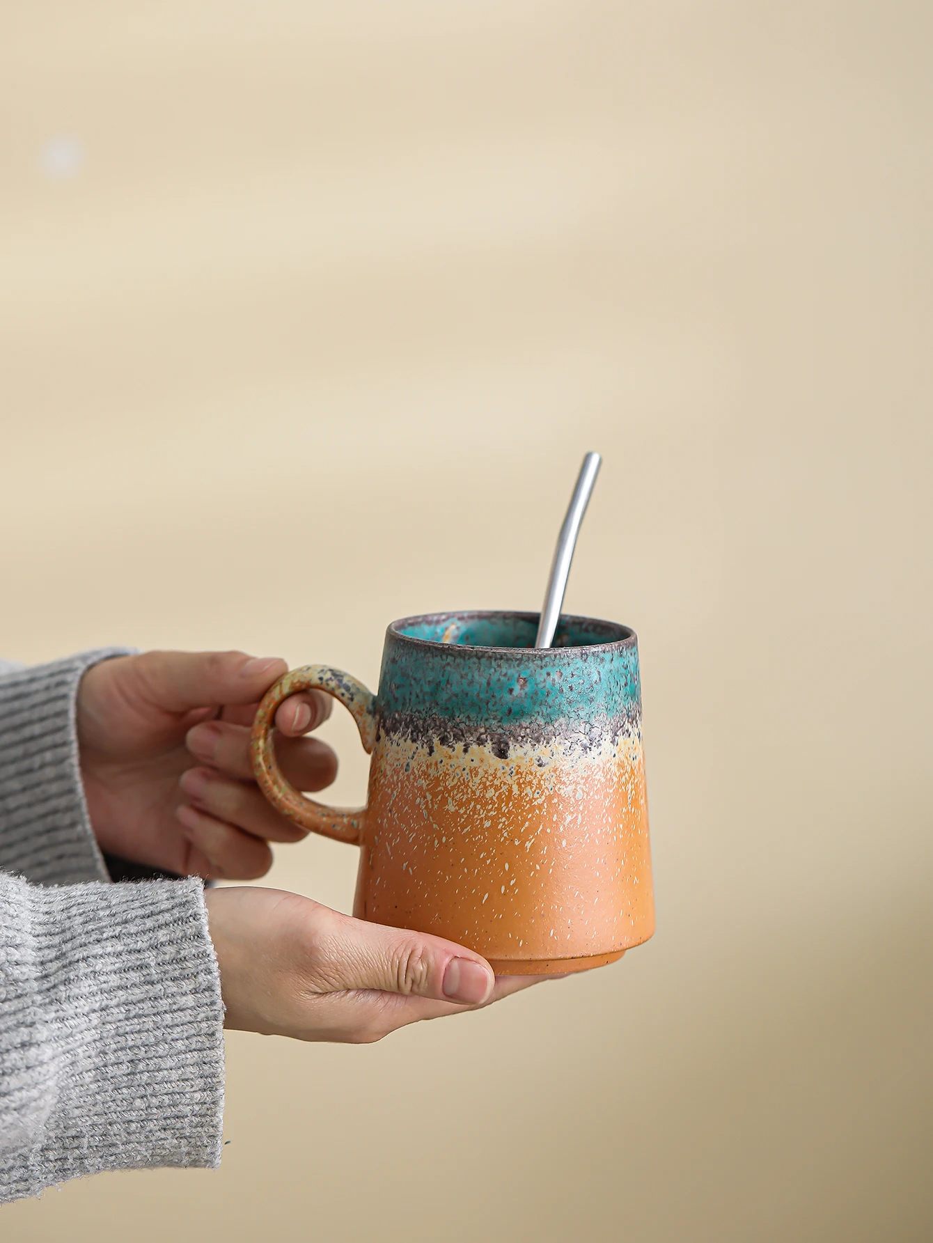 1 x 400ml large-capacity Middle Eastern-style ceramic mug; vintage kiln-change mug; coffee mug with kiln-change glaze view 2